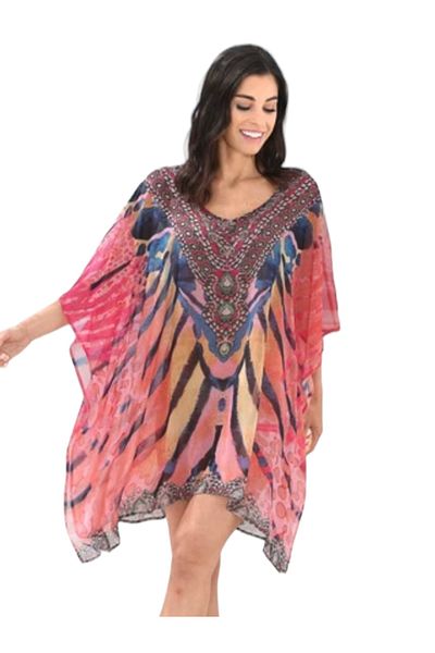 MAMAYAGA Women's Patterned Colorful Stone Bat Sleeve Asymmetrical Slit Large Size Comfortable Chiffon Summer Curve Pareo