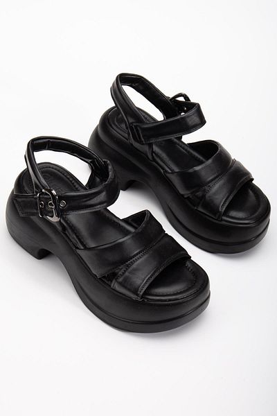 Dilimler Ayakkabı Women's Wedge Heel Sandals Black 2 Thick Banded Skin