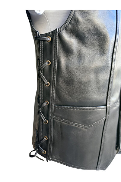 Savran Deri Genuine Leather Stringed Black Biker Vest