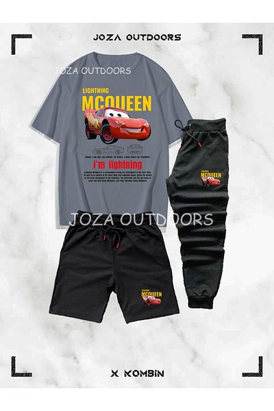 Jobia Outdoors Men's Colorful Mcqueen Printed 3-Piece Combination Suit (Oversize T-Shirt-Shorts-Sweatpants)
