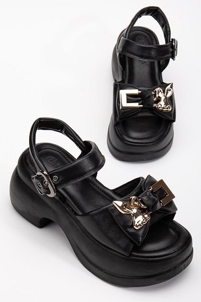 Dilimler Ayakkabı Women's Wedge Heel Sandals Black Hard Hat Rabbit Figured Buckle