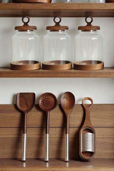 Mirilliahome 8 Piece Acacia Spoon, Spatula, Colander, Grater and Jar Set