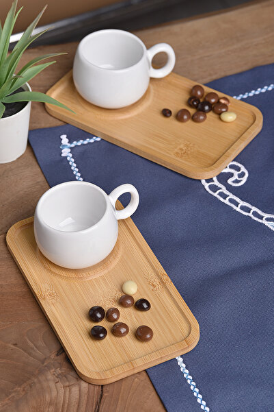 ShoppingPortal طقم مكون من 2 كوب مع طبق تقديم من الخيزران، فنجان قهوة توك لشخصين