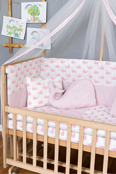 Bamgidoo Ahşap Beşik Anne Yanı Beşik Organik 70x130 - Pembe Balina Uyku Seti + Yataklı + Tekerlekli