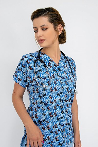 Nur Medikal Giyim Unisex Mavi Kelebek Desenli Cerrahi Doktor Hemşire Hastane ...