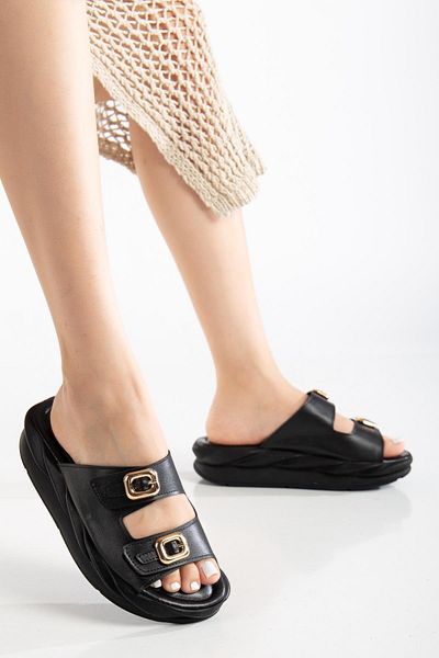 Dilimler Ayakkabı Women's Wedge Slippers Black 2 Stripes Faux Leather