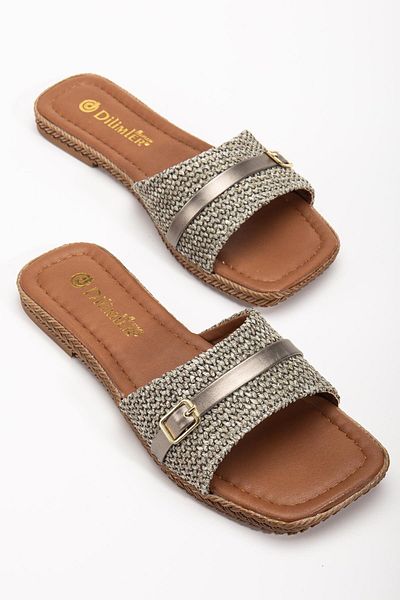 Dilimler Ayakkabı Women's Flat Heel Slippers Mink Straw Thick Single Band