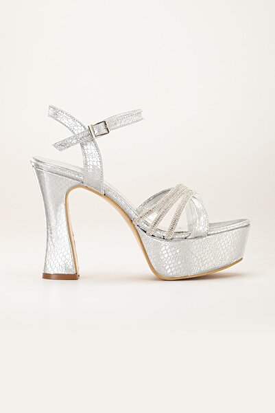 Dilimler Ayakkabı Cross Stone 40mm Silver Gray Women's Platform Heeled Evening Dress Shoes
