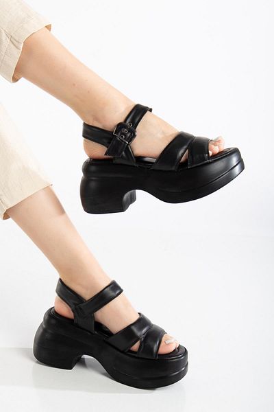 Dilimler Ayakkabı Women's Wedge Heel Sandals Black 2 Thick Banded Skin