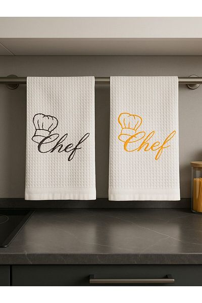 Fun Life Set of 2 Chef Embroidered Kitchen Drying Towels – 100% Cotton – Chef Embroidered Drying Cloth