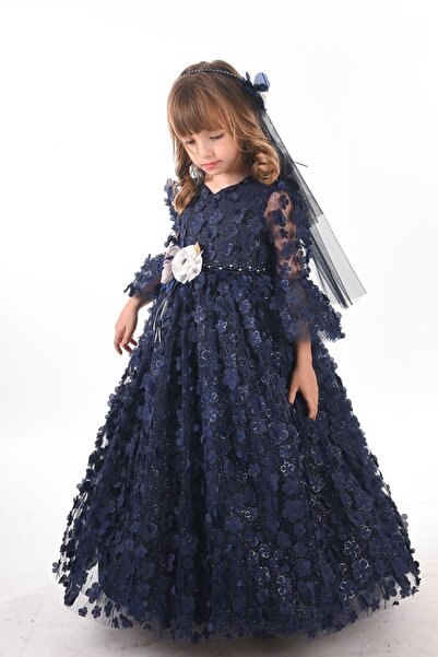 MIALORA EXCLUSİVE By Emel Ebru Özdemir Özel Tasarım Uzun Tamamı 3 Boyutlu Kumaş Ve Duvaklı Kız Çocuk Elbise_m2246y