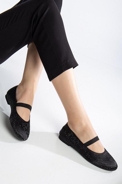 Dilimler Ayakkabı Women's Ballerinas Black Satin Stone Elastic Band Round Toe