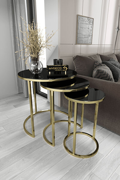 home plus mobilya 3'lü & Bohem Sehpa & Zigon Sehpa & Orta Sehpa & Modern Sehpa Takımı & Gold Ayak Siyah Ayna