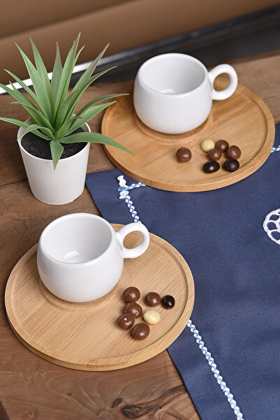 ShoppingPortal طقم مكون من 2 كوب مع طبق تقديم من الخيزران، فنجان قهوة توك لشخصين