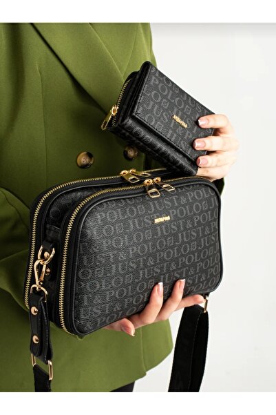 Just Polo JP Women's Black 5 Compartment Adjustable Long Strap Bag Wallet Set