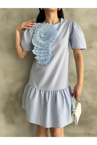 Cistern İstanbul Rochie scurtă de vară albastră de damă cu detaliu trandafir în față
