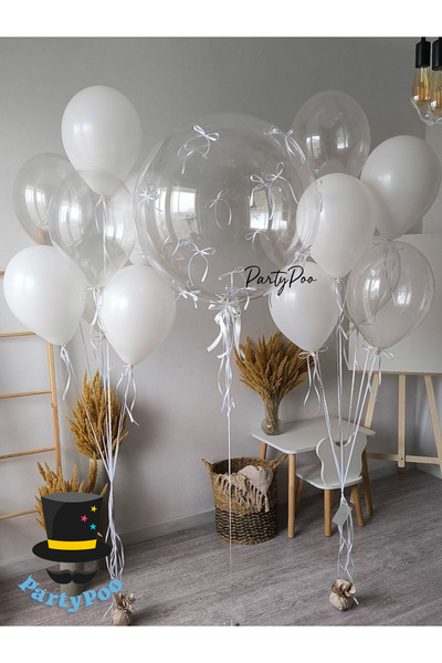 PartyPoo Beyaz Fiyonk Kurdeleli Bobo Ve Beyaz-şeffaf Balon Seti 10'lu Fiyonkl...