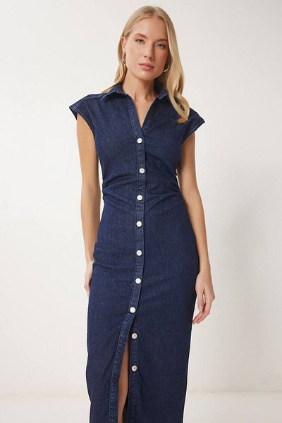 Panku Bizu Design Store Elmira Drape Detailed Studded Dark Blue Long Denim Denim Dress