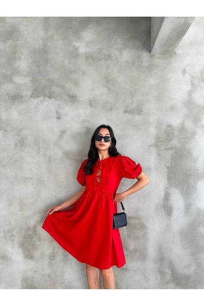 Cistern İstanbul Women's Red Front Lace Detailed Short Sleeve Summer Dress