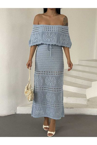 Cistern İstanbul Women's Blue Madonna Collar Knitted Detailed Summer Knitwear Dress