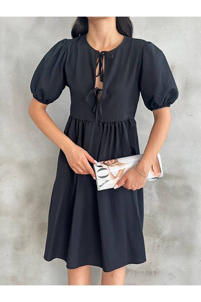 Cistern İstanbul Women's Black Front Lace Detailed Short Sleeve Summer Dress
