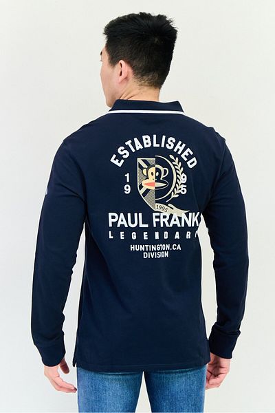 PAUL FRANK Men Regular Fit Graphic Print Long Sleeve Polo Shirt, Navy