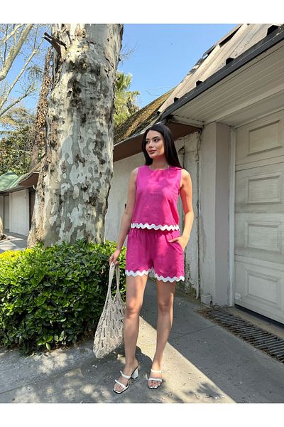 Cistern İstanbul Women's Fuchsia Hem Detailed Linen Blouse Shorts Double Bottom Top Set