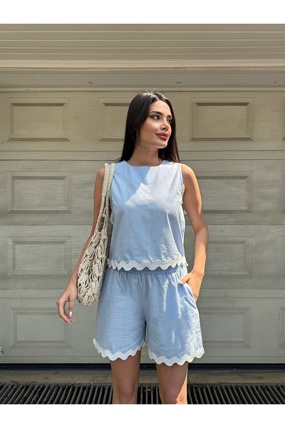 Cistern İstanbul Women's Blue Hem Detailed Linen Blouse Shorts Double Bottom Top Set