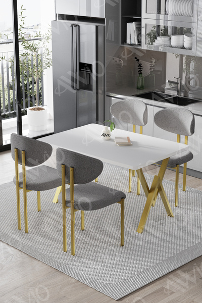 AVVİO Dante Mat Gold Lotus Sandalye 80x120 Yemek Masası Mutfak Masası 4 Kişil...