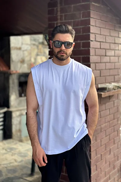 GUARAZ Men's White Basketball Zero Sleeve Crew Neck Oversize Sleeveless Kejil T-shirt