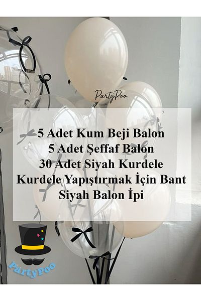 PartyPoo Sand Beige Transparent Balloon Set of 10 with Black Bow Ribbon – Birthday & Party Decorations