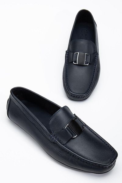 Dilimler Ayakkabı Genuine Leather Men's Casual Loafer Shoes Navy Blue Metal Buckle