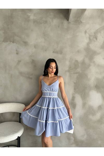 Cistern İstanbul Women's Blue Rope Strap Stripe Detailed Summer Dress
