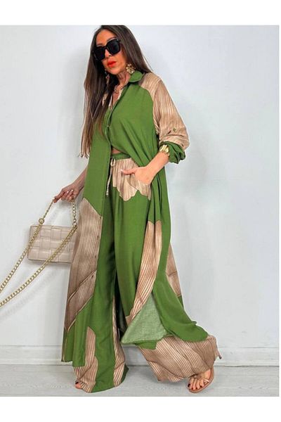 QUAWEAR Oversize Shirt Collar, Long Tunic with Side Slits and Wide Leg Trousers with Side Pockets, Two-Piece Set