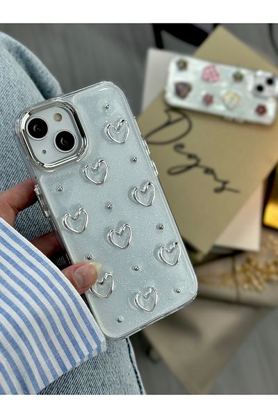 Go Aksesuar حافظة هاتف Apple Iphone 13 - 14 - 15 متوافقة مع شكل قلب معدني ثلاثي الأبعاد من السيليكون الإيبوكسي