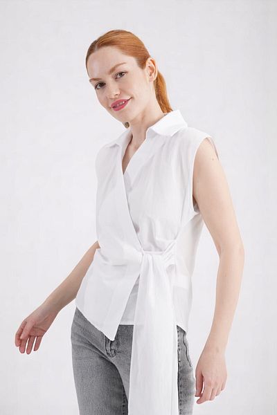 Cistern İstanbul Women's White Collar Side Tie Detailed Sleeveless Poplin Woven Fabric Shirt