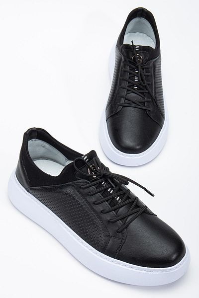 Dilimler Ayakkabı Genuine Leather Men's Casual Shoes Black Stretch and Elastic Laced Eva Sole