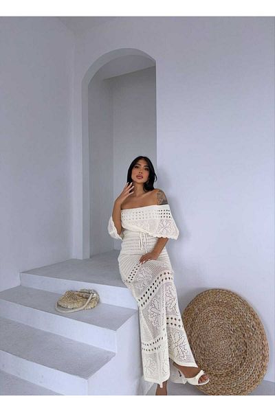 Cistern İstanbul Women's White Madonna Collar Knitted Detailed Summer Knitwear Dress