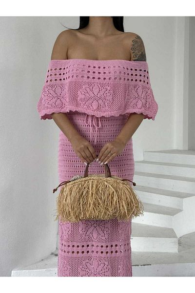 Cistern İstanbul Women's Pink Madonna Collar Knit Detailed Summer Knitwear Dress