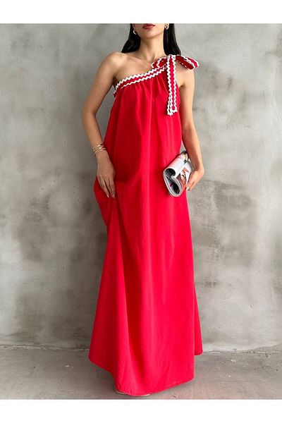 Cistern İstanbul Women's Red One Shoulder Lace Detailed Summer Dress