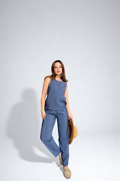 Cistern İstanbul Women's Blue Woven Modal Fabric Blouse and Pants Two-Piece Bottom Top Set