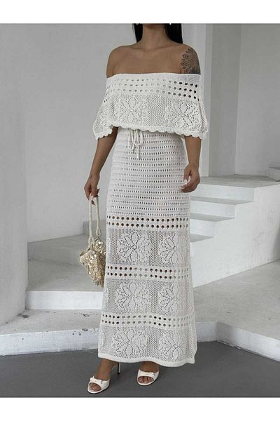 Cistern İstanbul Women's White Madonna Collar Knitted Detailed Summer Knitwear Dress