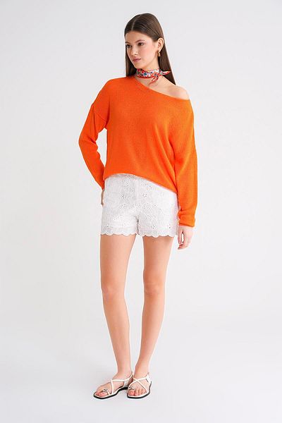 Mixray 6933 Women's Boat Neck Thin Seasonal Sweater Sweater Orange