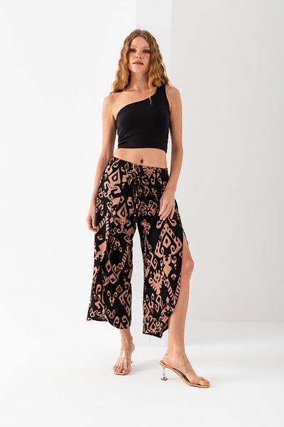 EtkiModa Women's Black Mokka Envelope Cover, Folded Inside, Shorts Inside, Viscose Woven Baggy Trousers