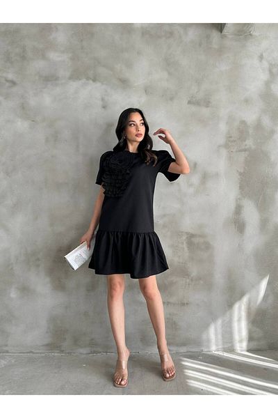 Cistern İstanbul Women's Black Short Summer Dress with Rose Detail on the Front