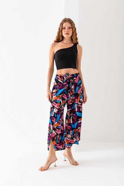 EtkiModa Women's Plum Blue Pink Multicolor Envelope Cover Viscose Woven Baggy Trousers with Shorts Inside