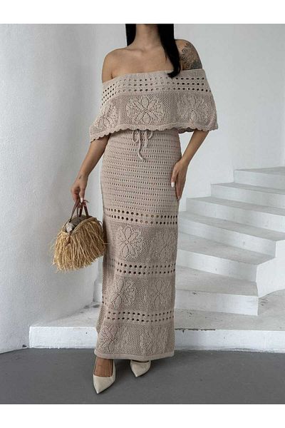 Cistern İstanbul Women's Beige Madonna Collar Knit Detailed Summer Knitwear Dress