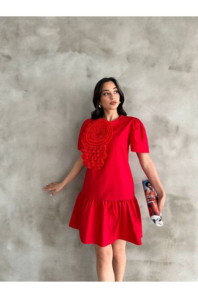 Cistern İstanbul Women's Red Short Summer Dress with Rose Detail on the Front