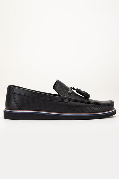Dilimler Ayakkabı Genuine Leather Men's Casual Loafer Shoes Black Tasseled Eva Sole Printed