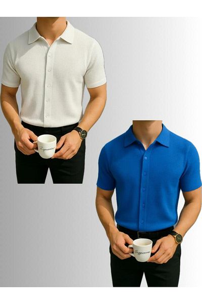 LC Waikiki Advantage Pack of 2 100% Cotton Waffle Fabric Men's Summer Button Short Sleeve Premium Shirt